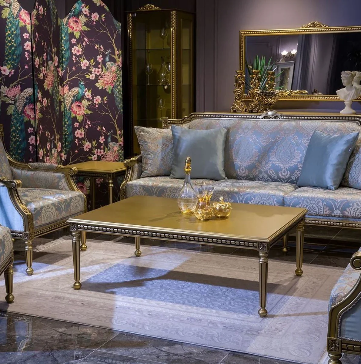 Luxury baroque living room set light blue / gold - 2 baroque sofas & 2 baroque armchairs & 1 baroque coffee table - living room furniture in baroque style - baroque furniture - baroque furnishings