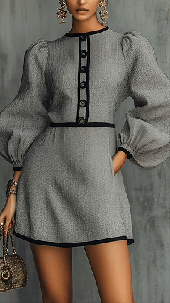 Women's Cotton‑blend Gray Black‑trimmed Puff‑sleeve Button‑decorated Mini Dress - Nordfashionstorm - Women's Clothing, Fashion for You - Nordfashionstorm.com