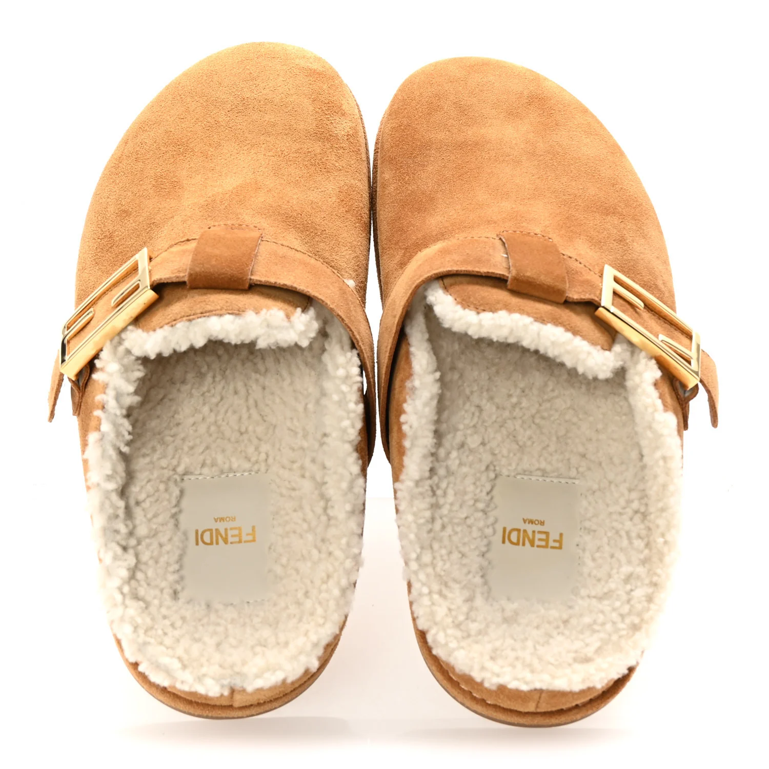 Suede Shearling Fendi Feel Buckled Clogs 38 Caramel Latte