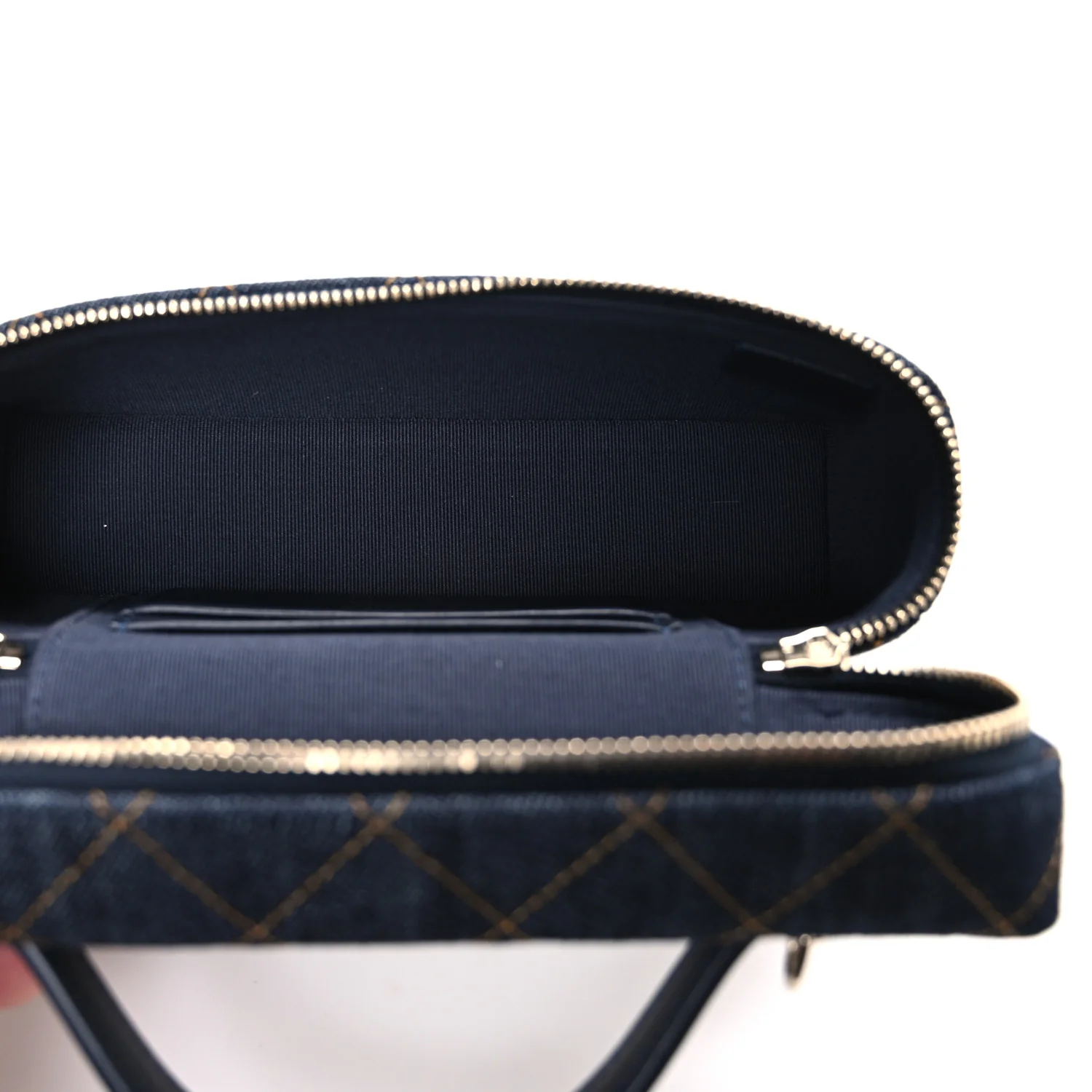 Denim Quilted Top Handle Slim Vanity Case With Chain Dark Blue Orange - Top Club