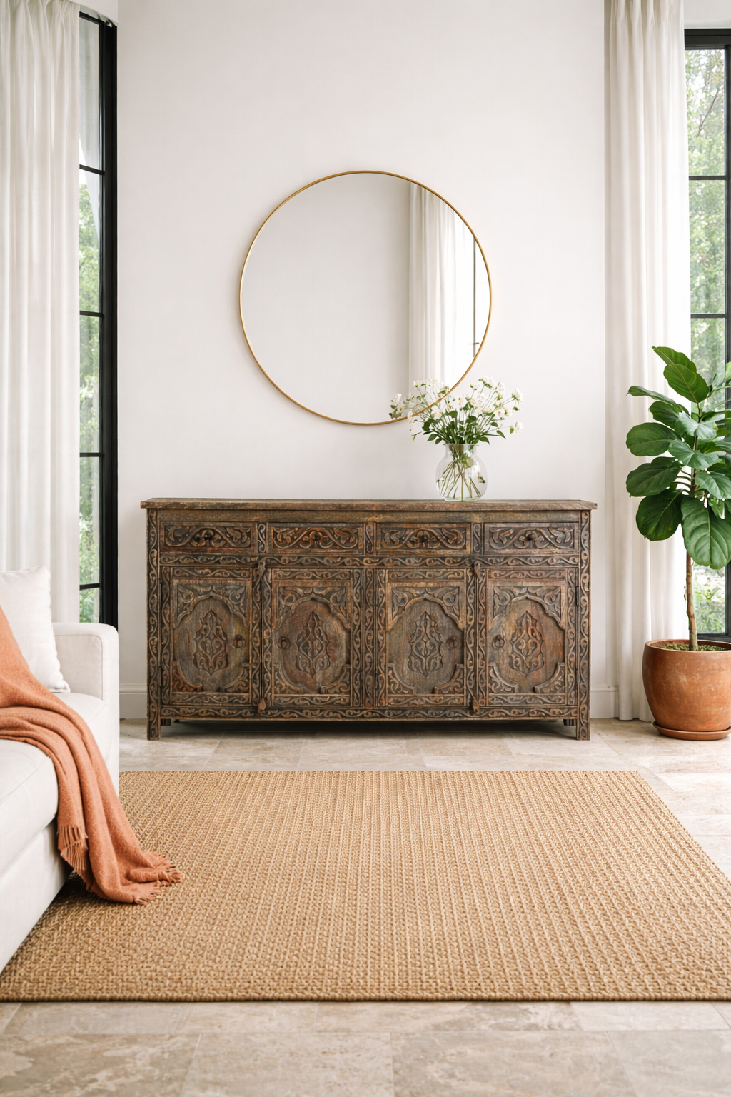 Aavya - Handgesneden Mangohouten Dressoir Vintage