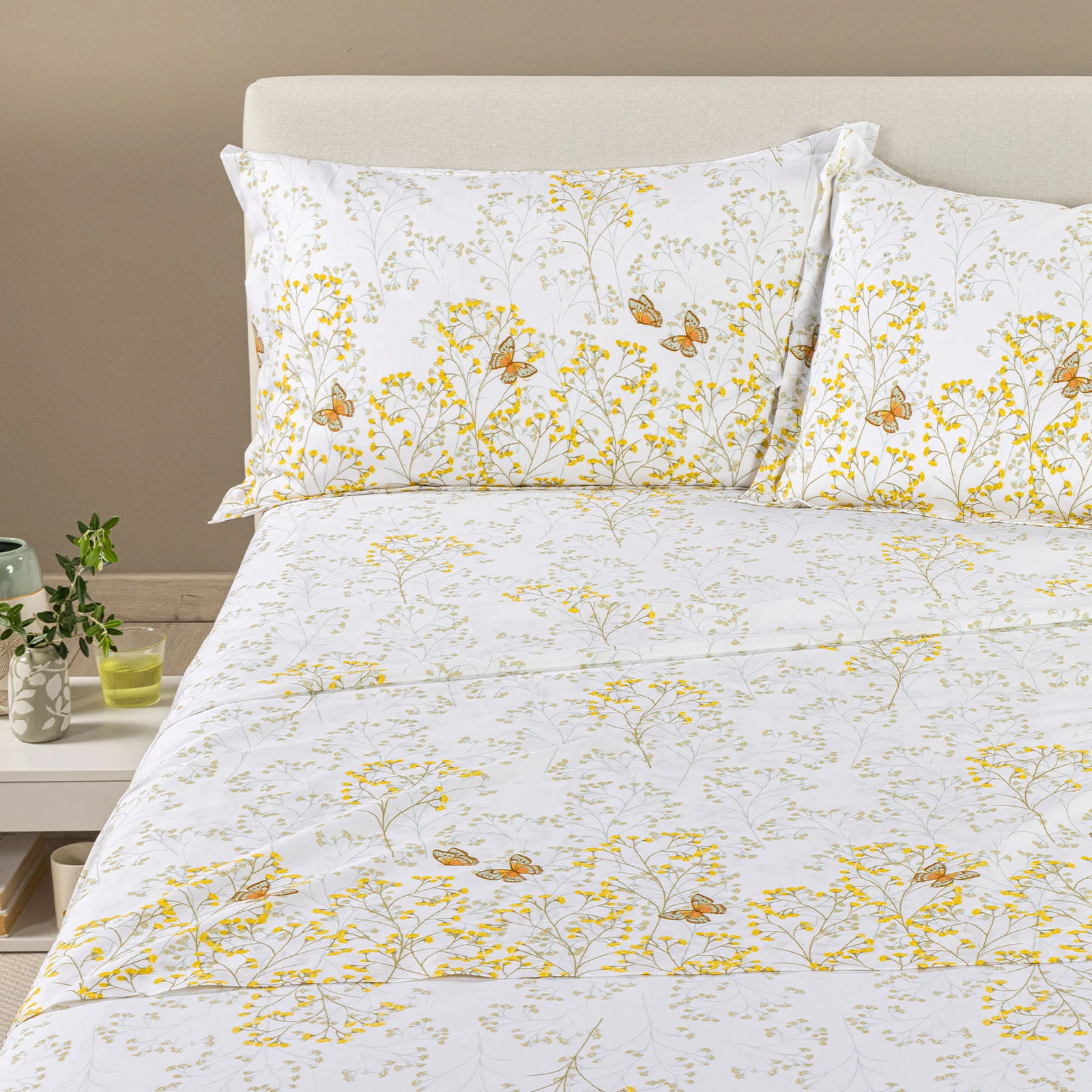 Completo Lenzuola In Cotone Myosotis Matrimoniale Miele Primanatura