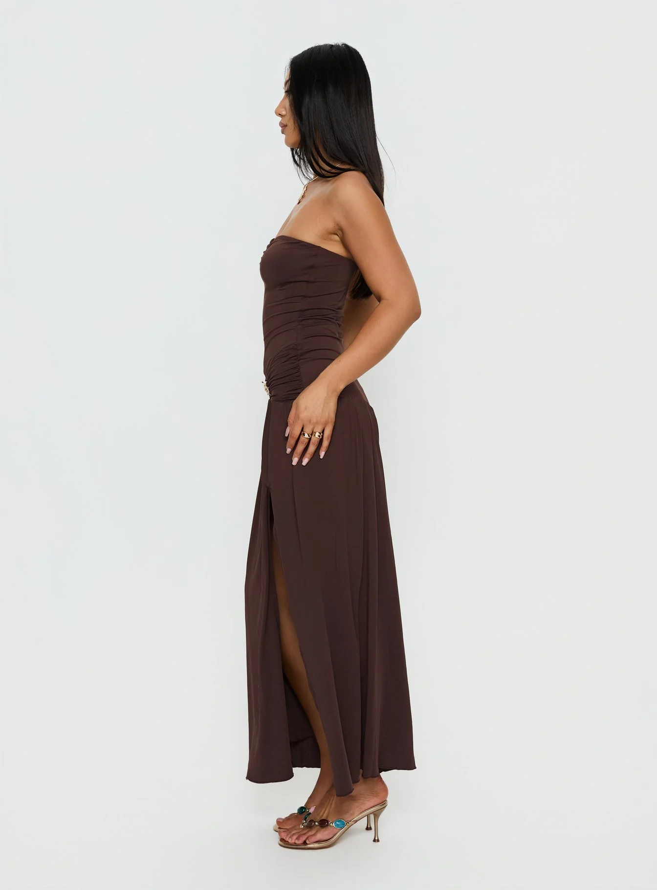 Alexe Strapless Ruched Maxi Dress Chocolate