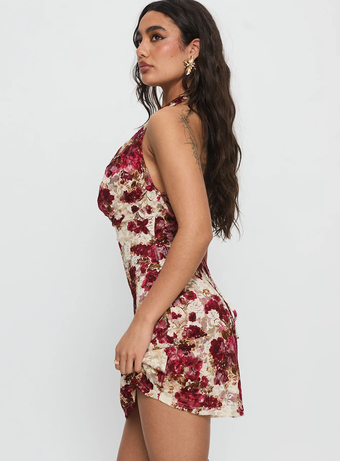 Salome Halter Cowl Neck Mini Dress Red Multi