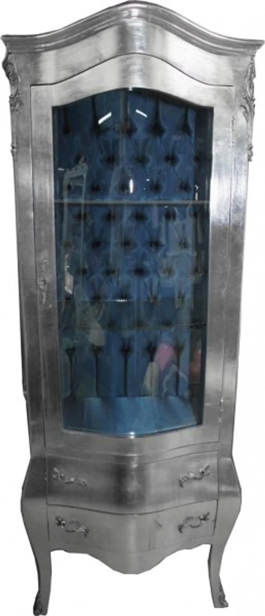 Baroque display cabinet silver with azure interior fabric - antique style furniture