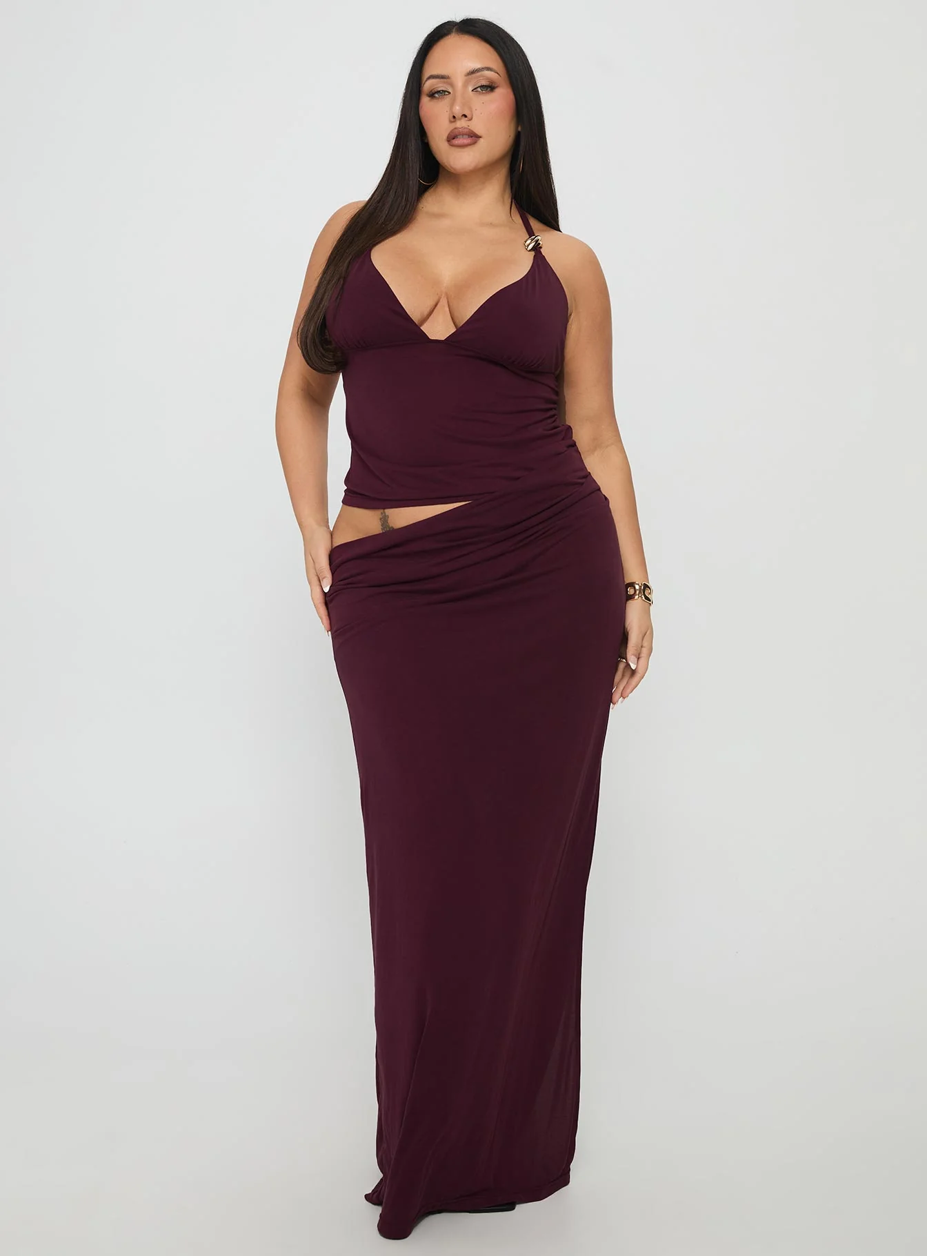 Imeraldia Hardware Halter Maxi Dress Currant Curve