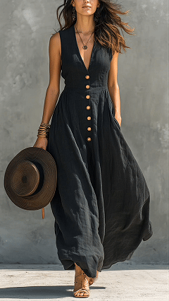 Women's Cotton-Blend V-Neck Sleeveless Button-Down Maxi Dress - Nordfashionstorm - Women's Clothing, Fashion for You - Nordfashionstorm.com