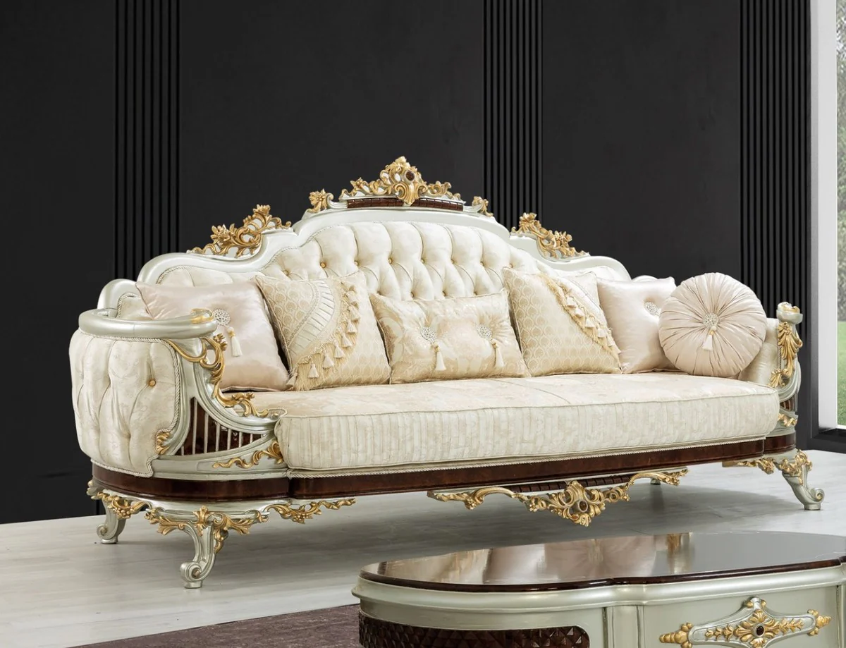 Luxury baroque sofa cream / beige / dark brown / silver / gold 260 x 90 x H. 125 cm - magnificent baroque style living room sofa with elegant pattern - baroque furniture