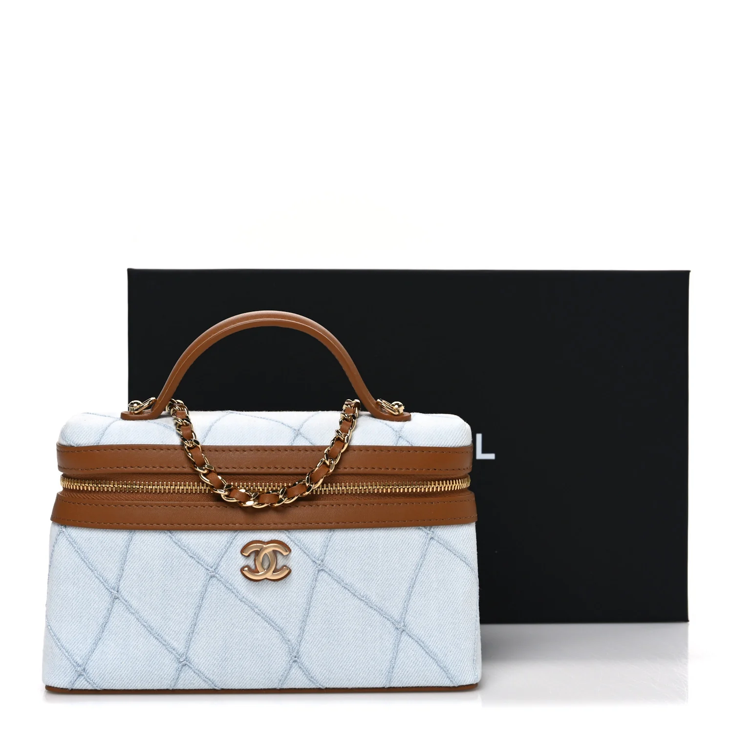 Washed Denim Calfskin Quilted Top Handle Slim Vanity Case With Chain Blue Brown - Top Club