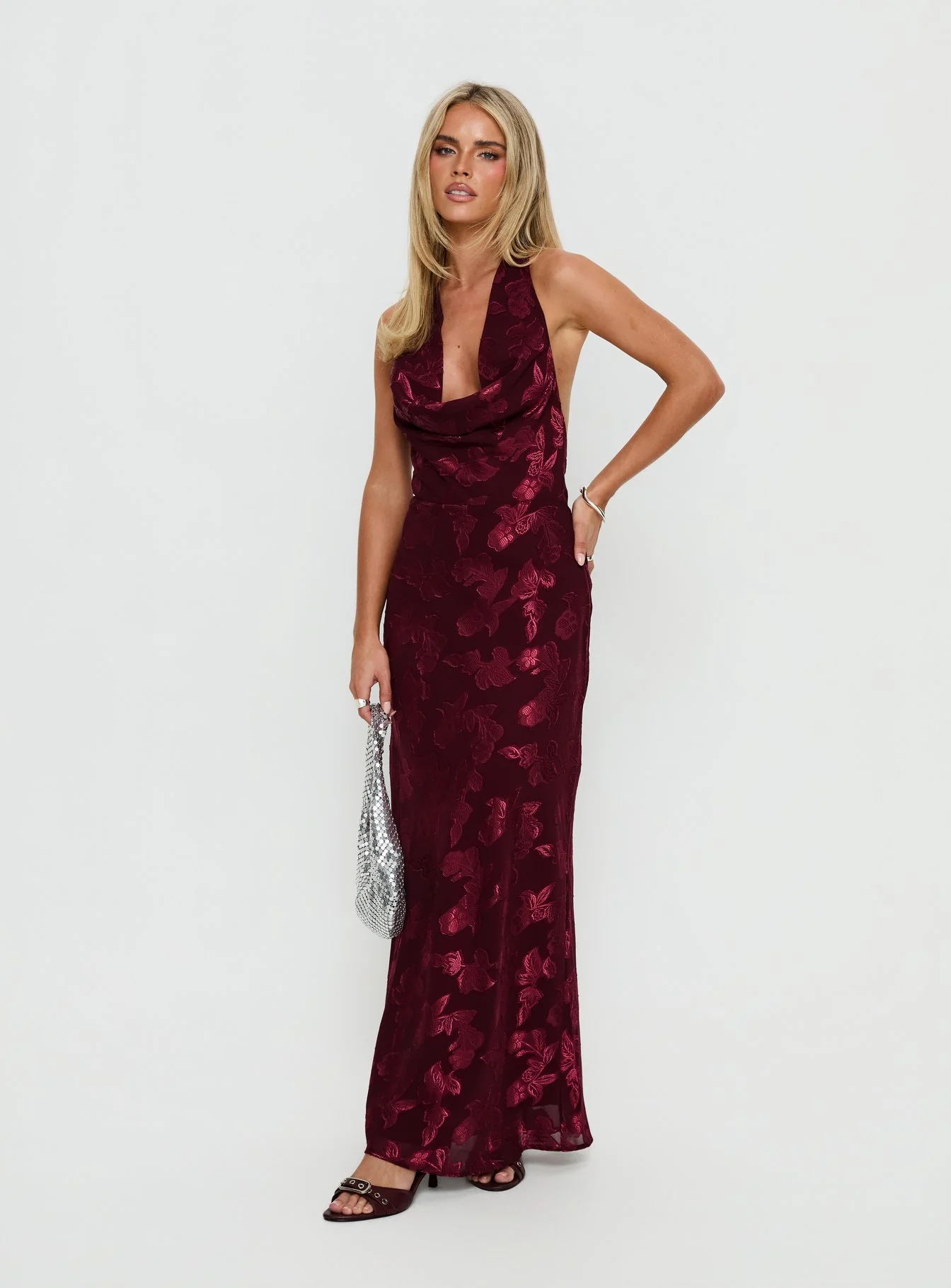 Jazminah Halter Cowl Neck Maxi Dress Burgundy