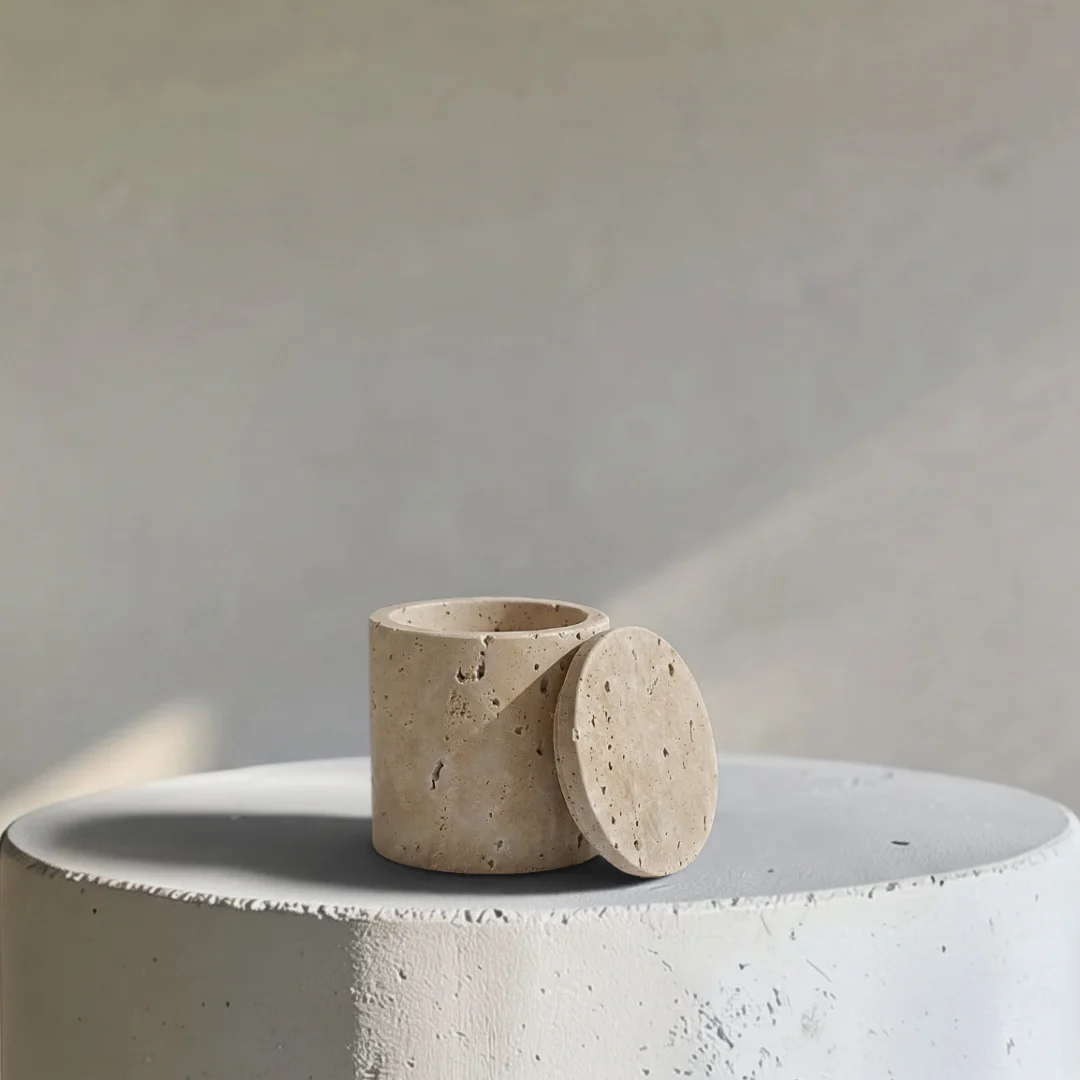 Rosalin Travertine Vessel with Lid, 3.9