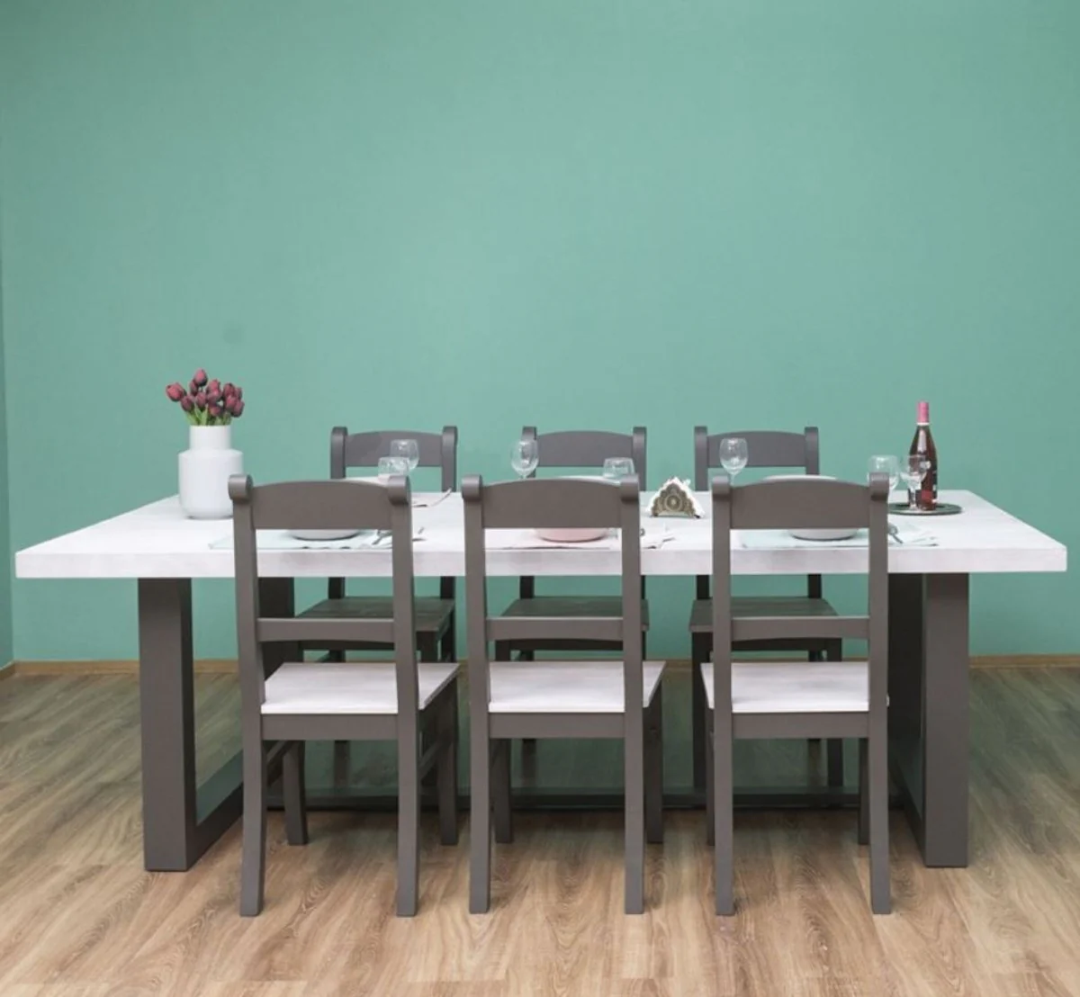 Country Style Dining Room Furniture Set Light Gray / Gray - 1 Dining Table & 6 Dining Chairs - Solid Wood Dining Room Furniture - Country Style Furniture