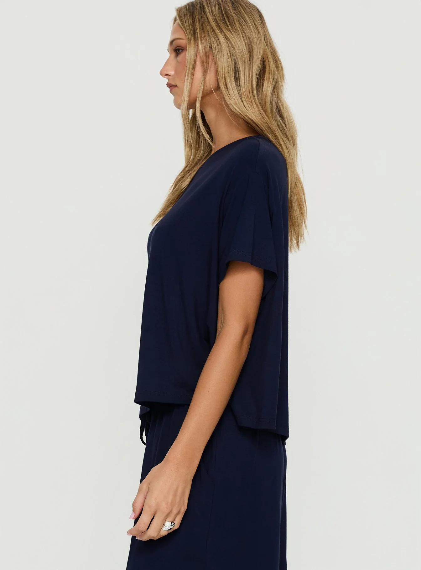 Cozy Hour Sleep Relaxed Off Shoulder Top Navy