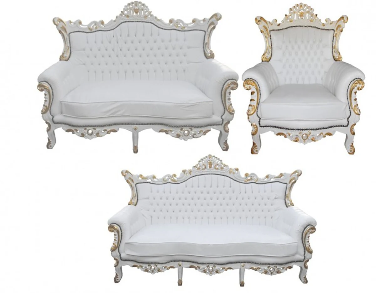 Baroque living room set Master white / gold - 3-seater sofa + 2-seater sofa + 1 armchair