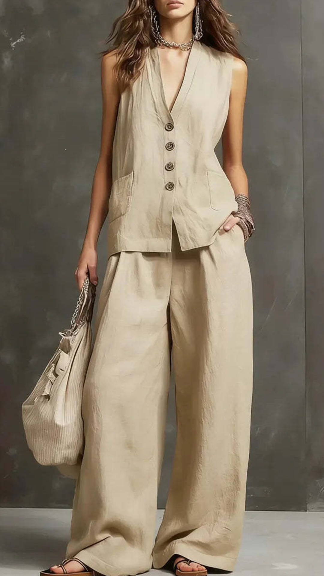 Women's Cotton-Blend Light Blue V-Neck Sleeveless Loose Set - Nordfashionstorm - Women's Clothing, Fashion for You - Nordfashionstorm.com