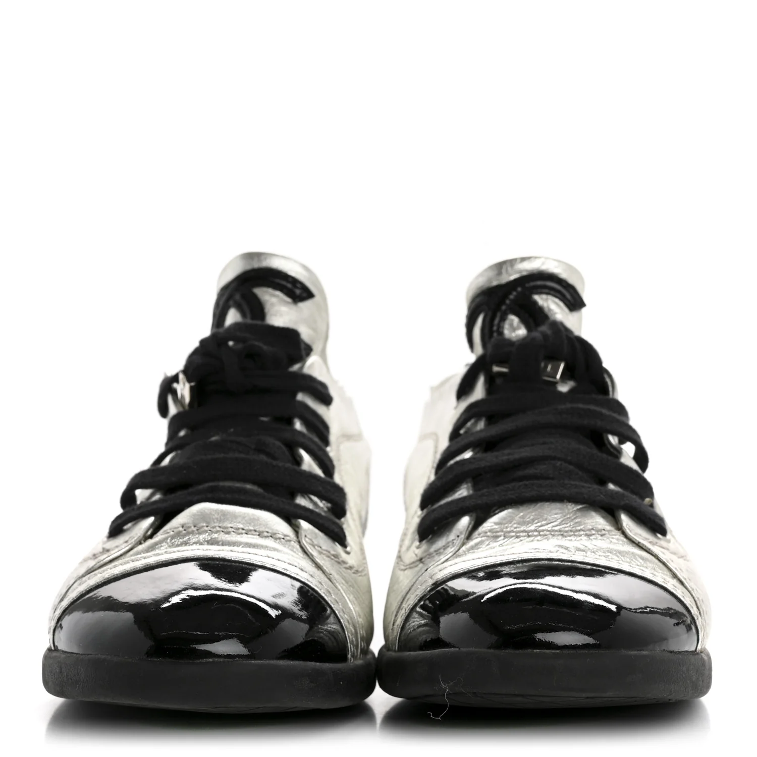 Metallic Lambskin Patent Cap Toe CC Sneakers 38.5 Silver Black - Top Club