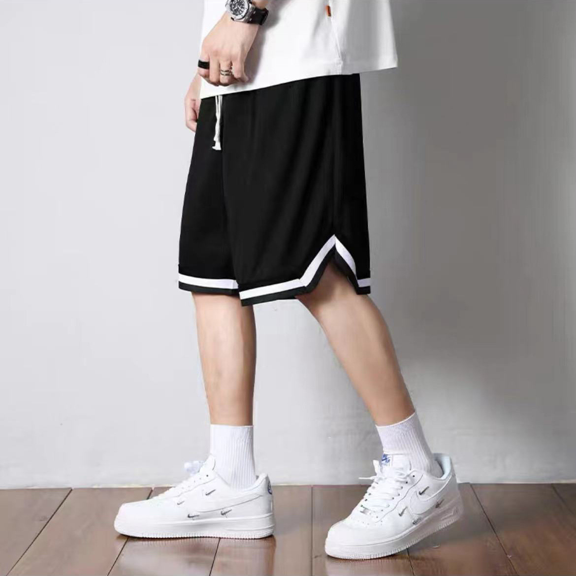 Men's basketball shorts, loose fit, summer trendy brand, quick-dry, American style, men's ice silk casual pants, knee-length shorts