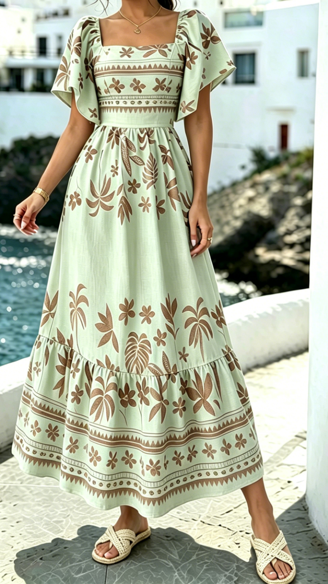 Women's Printed Dress with Square Neckline and Flutter Sleeves - Nordfashionstorm - Women's Clothing, Fashion for You - Nordfashionstorm.com