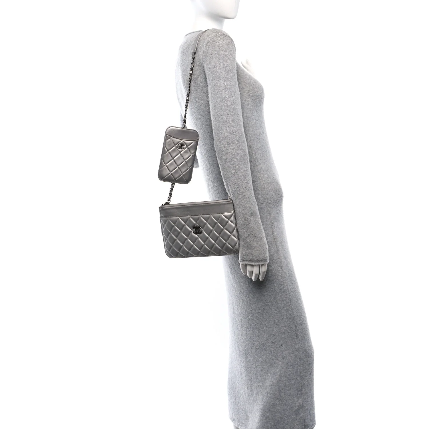 Metallic Lambskin Quilted Clutch With Chain Silver