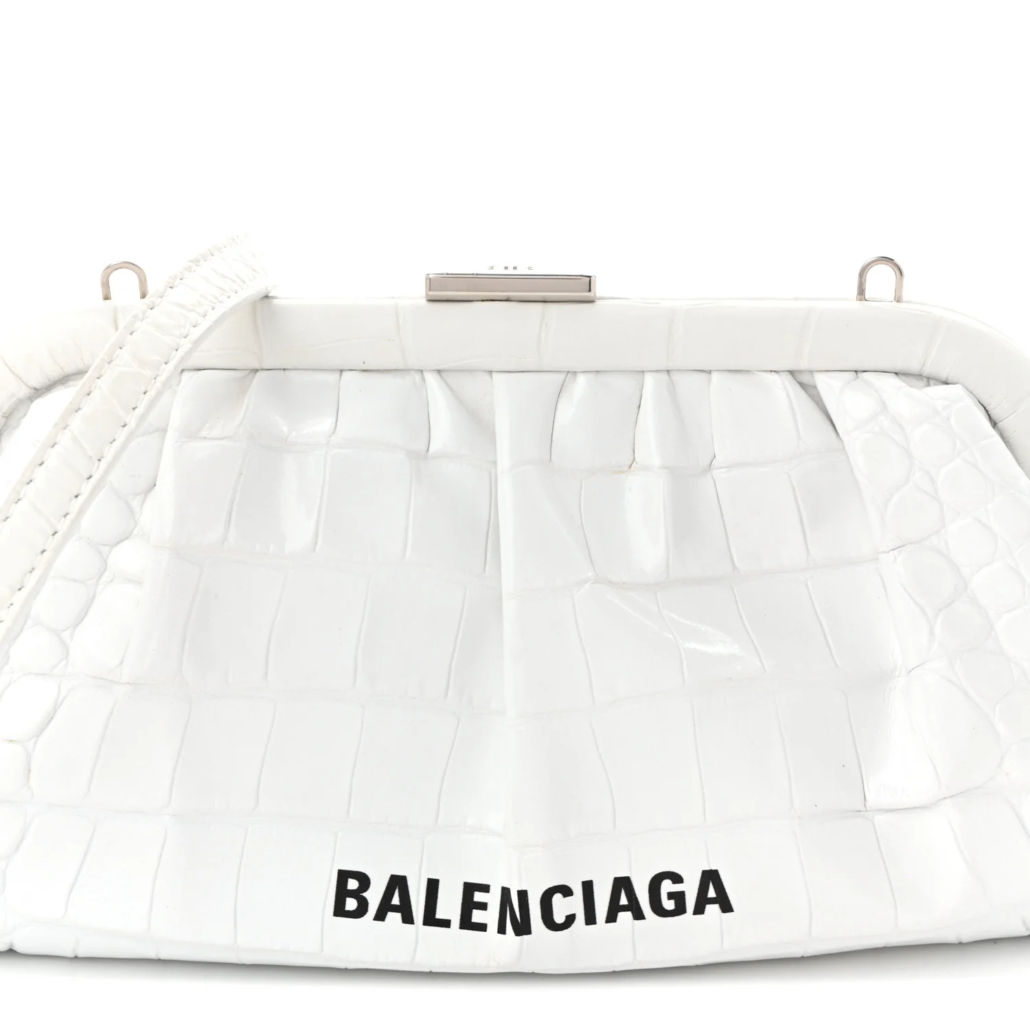 Shiny Supple Calfskin Logo Crocodile Embossed Cloud Clutch XS White - Top Club