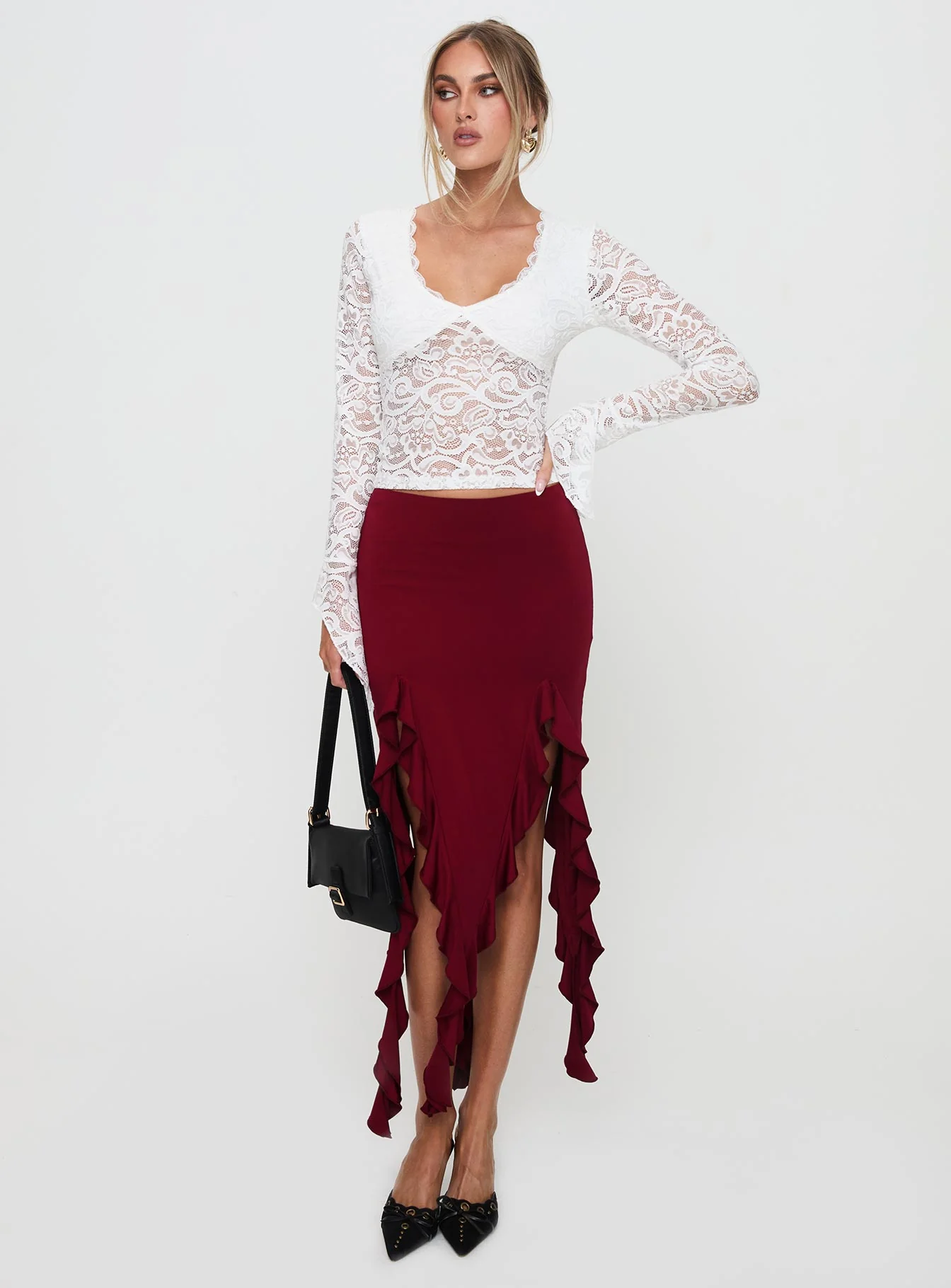 Peachey Asymmetric Ruffle Midi Skirt Burgundy
