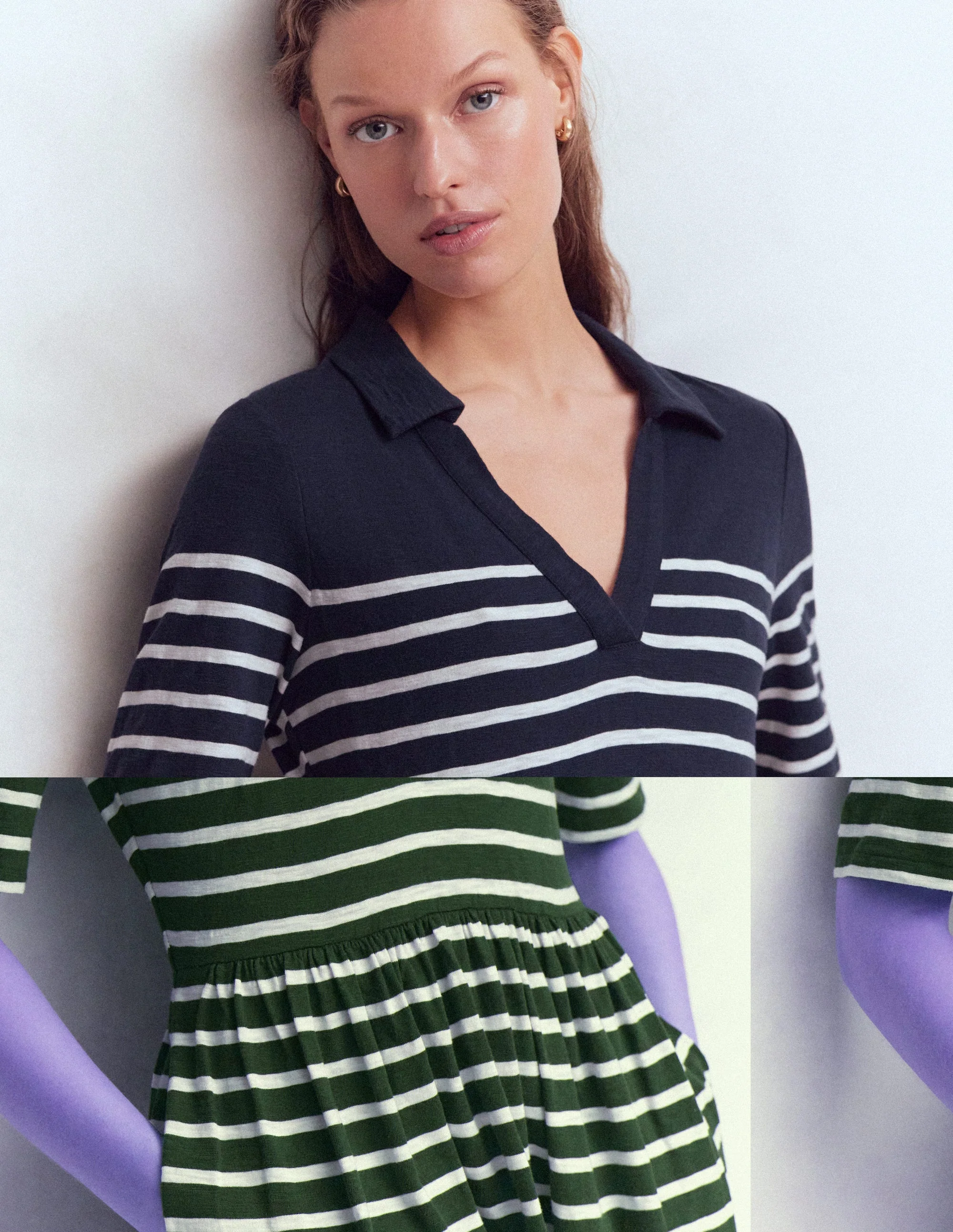 Aria Jerseykleid mit Kragen-Marineblau, Naturweiß Gestreift