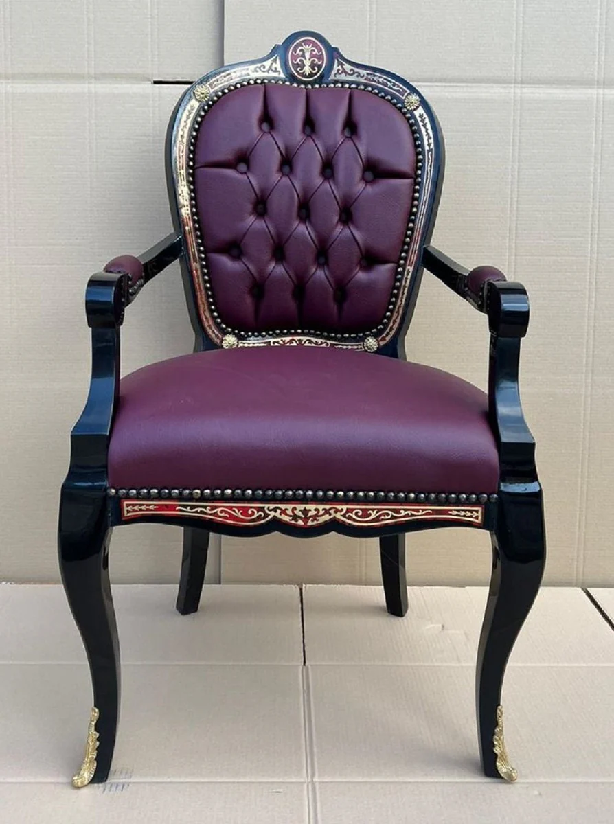 Baroque Boulle dining room chair with armrests purple / black / red / gold - magnificent desk chair with elegant faux leather - dining room furniture in baroque style - Baroque Boulle furniture