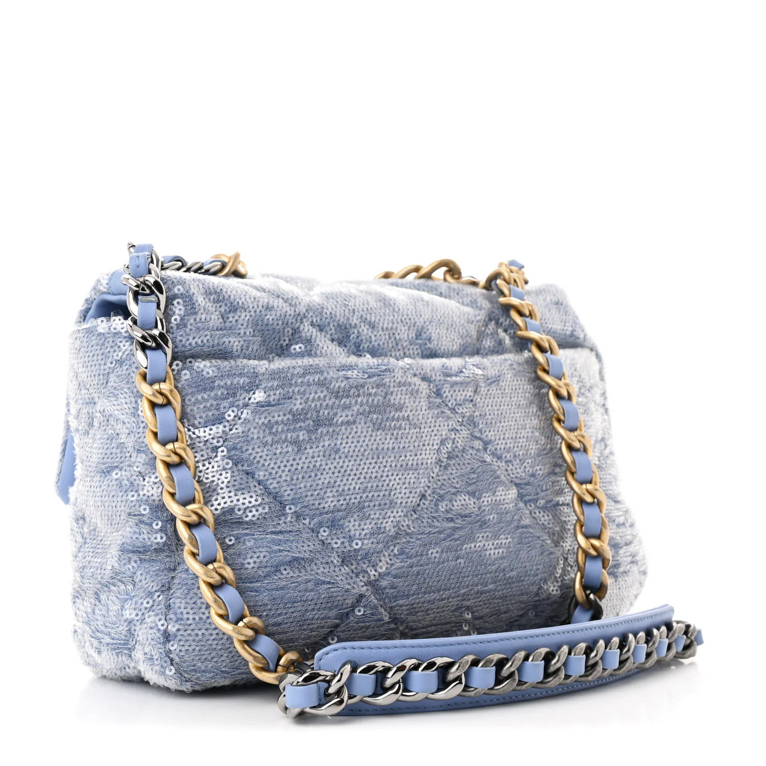 Sequin Quilted Medium Chanel 19 Flap Light Blue - Top Club