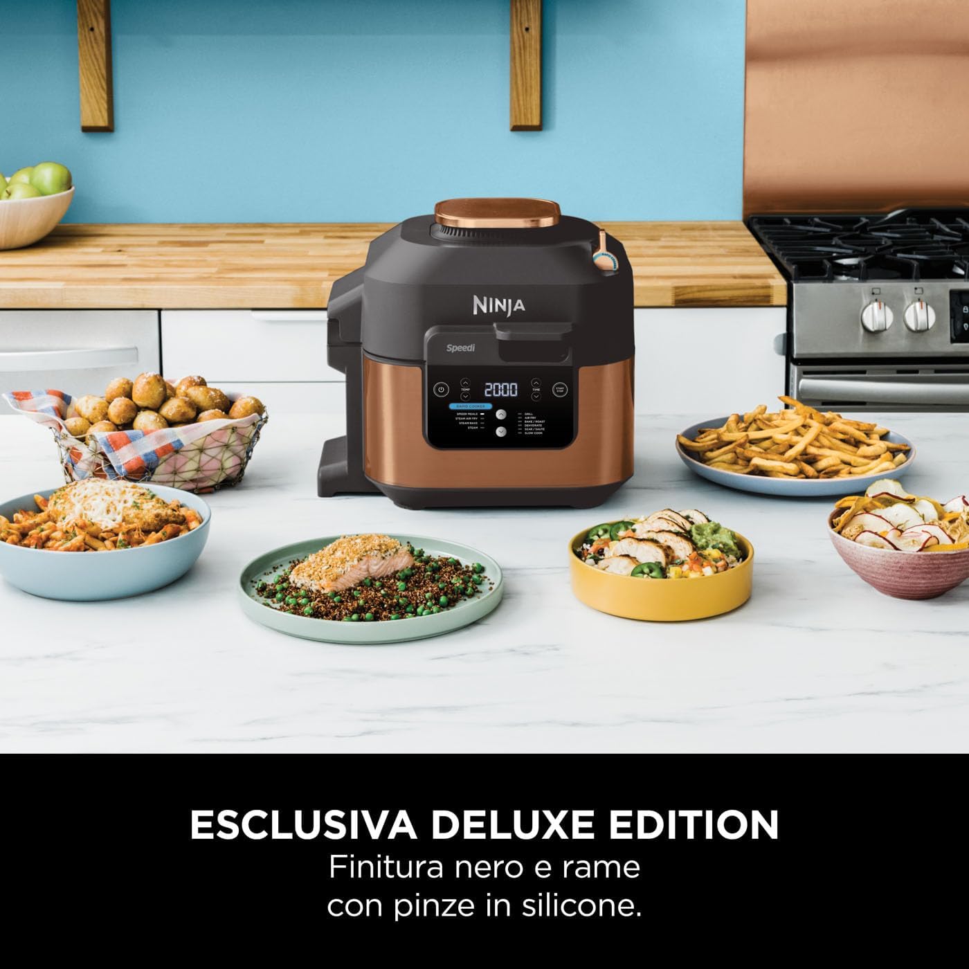 Ninja Speedi Pentola Elettrica Rapida 10 in 1, Friggitrice ad Aria, 5,7 l, Pasti per 4 in 15 Minuti, Frittura ad Aria e Cottura al Vapore, Nero/Rame, ON400EUCP