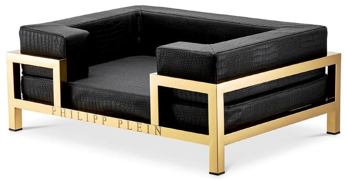 Philipp Plein luxury designer leather dog bed black / gold H. 84 cm