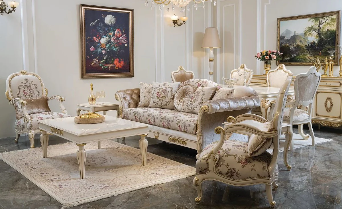 Luxury baroque coffee table white / gold 125 x 90 x H. 47 cm - Elegant solid wood living room table in baroque style - Baroque living room furniture