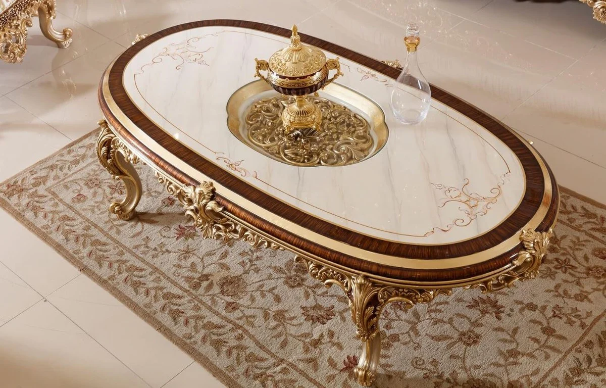 Luxury baroque coffee table white / brown / gold - magnificent living room table with glass top - baroque living room furniture - noble & magnificent