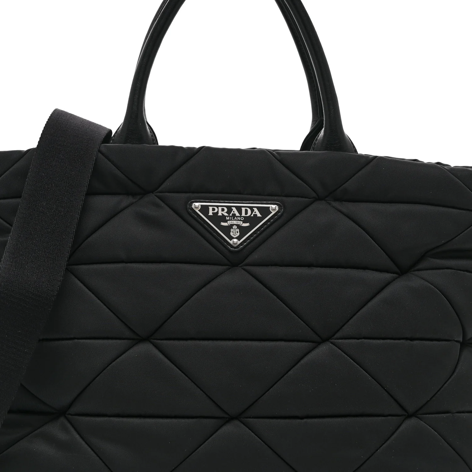 Re-Nylon Nappa Triangle Quilted Padded Medium Double Handled Zip Tote Black - Top Club