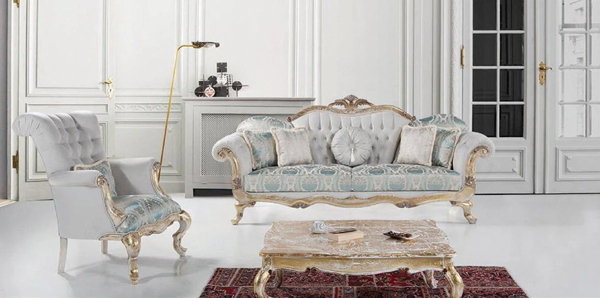 Luxury Baroque Living Room Set Gray / Turquoise / White / Gold - 2 Sofas with Pattern & 2 Armchairs with Pattern & 1 Coffee Table - Magnificent Baroque Living Room Furniture