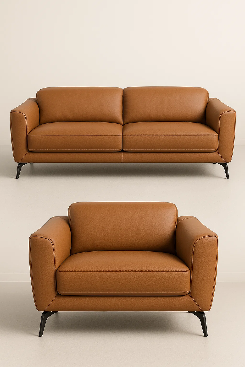 Conjunto sofá y sillón en piel - color marrón