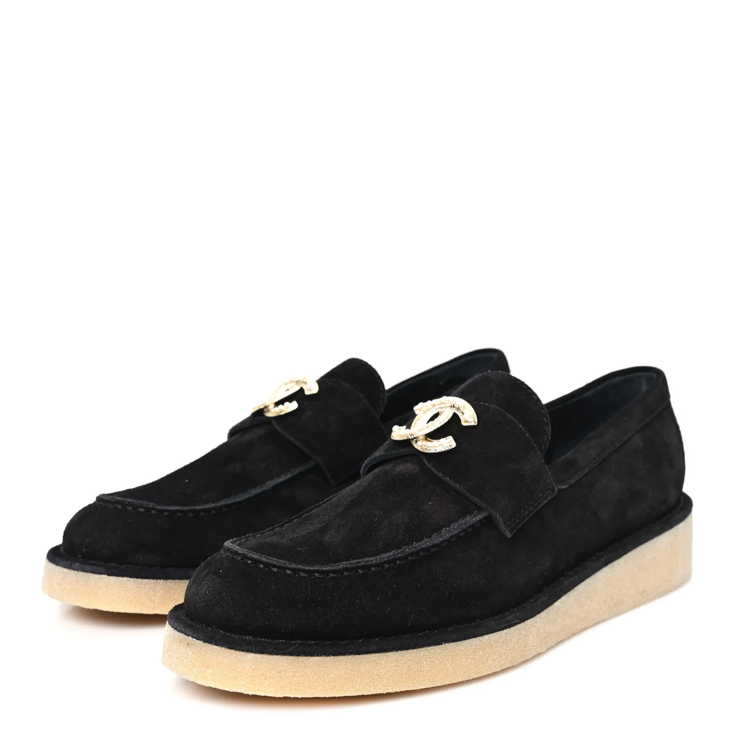 Suede Calfskin Pearl CC Moccasin Loafers 38.5 Black - Top Club