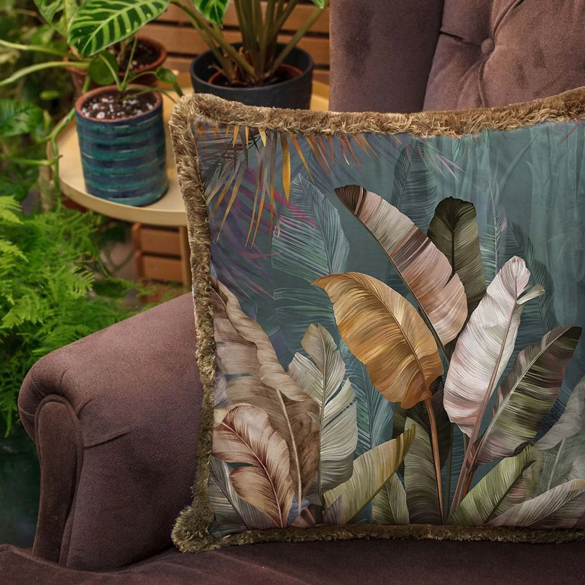 Luxury decorative cushion shrubs multicolored / brown 45 x 45 cm - printed velvet cushion with fringes - luxury decorative accessories