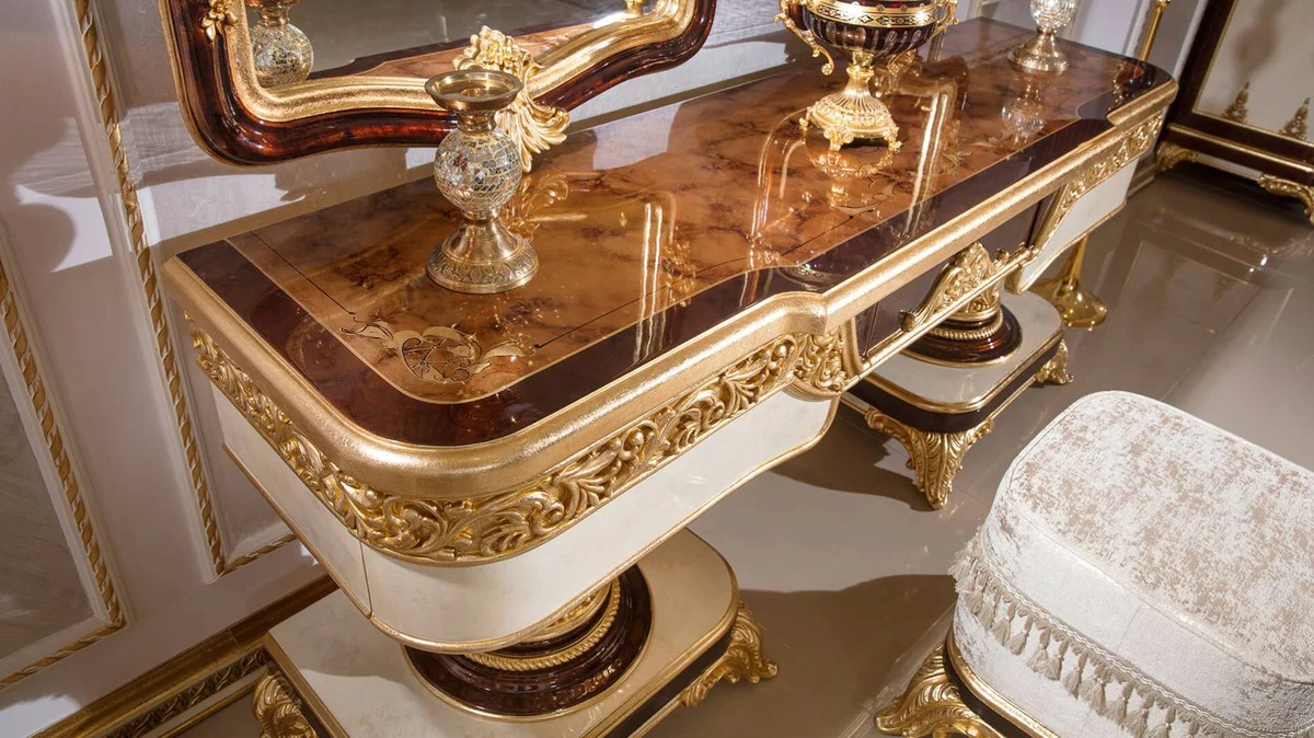 Luxury Baroque Bedroom Set Brown / White / Gold - 1 Baroque Dressing Table & 2 Baroque Mirrors & 1 Baroque Stool - Baroque Bedroom Furniture - Noble & Magnificent