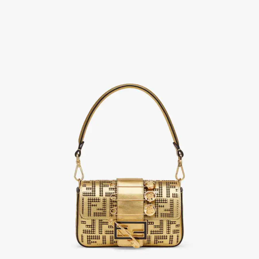 Brooch mini baguette �C Fendace bag in gold perforated leather - Top Club
