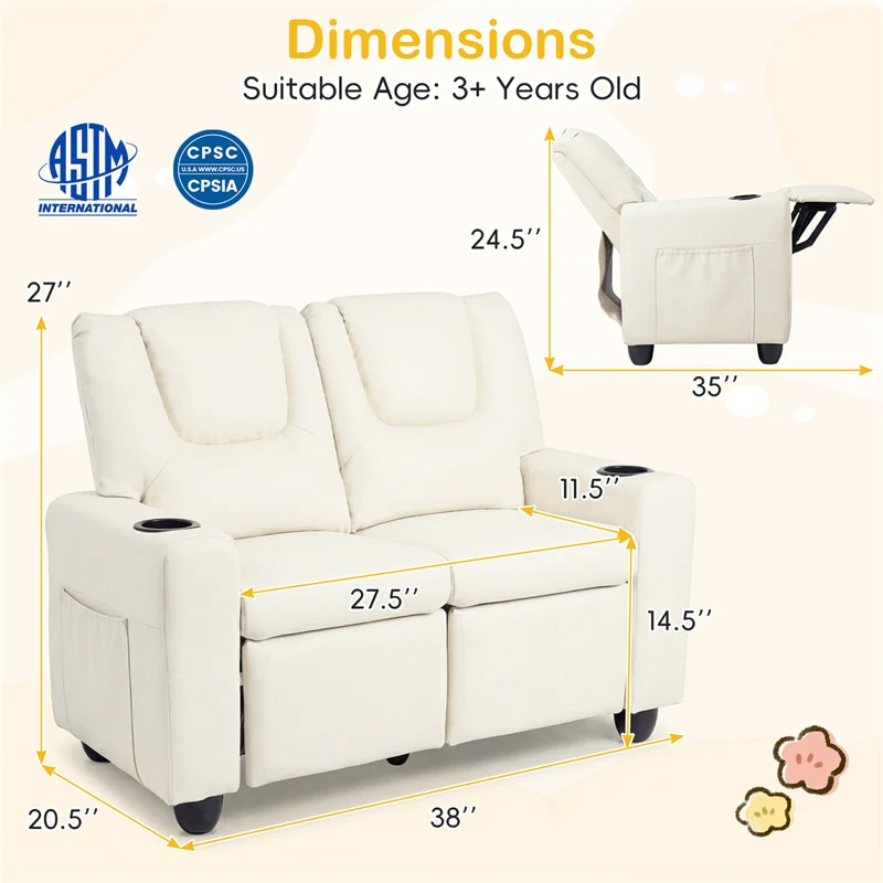 2-Seater Kids Recliner, PU Leather Reclining Loveseat with Cup Holders & 2 Side Storage Pockets, Adjustable Double Toddler Sofa for Boys Girls