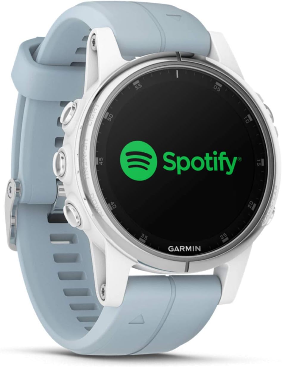 Fenix 5S Plus Smartwatch Multisport con Mappe GPS Europee, Musica e Pagamento Contactless, Glass 42 mm, Bianco con Cinturino Azzurro Seafoam