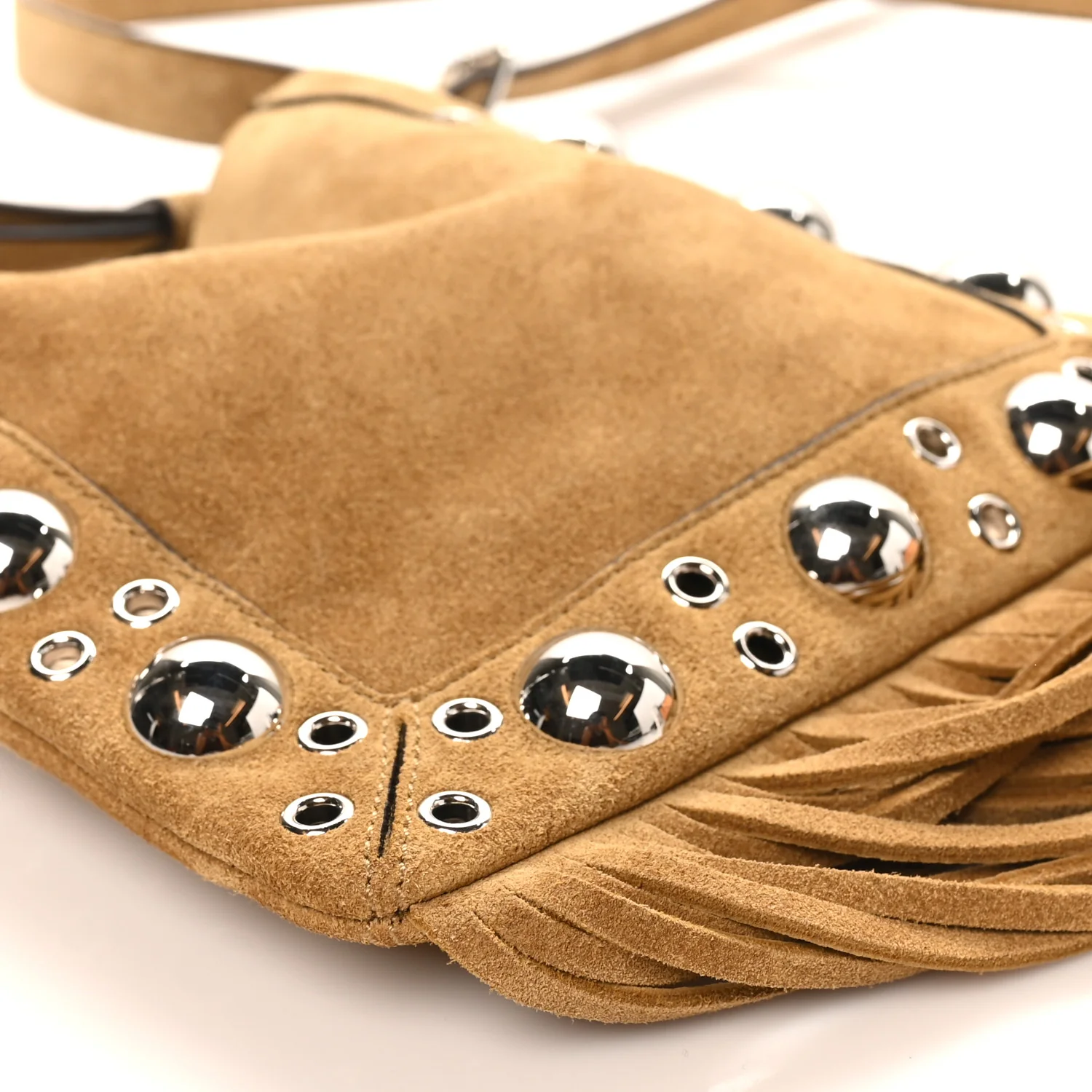Suede Studded Small Nellcote Fringe Shoulder Bag Havana Beige - Top Club