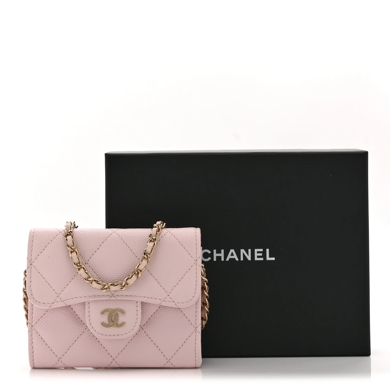 Caviar Quilted Flap Card Holder On Chain Pink - Top Club