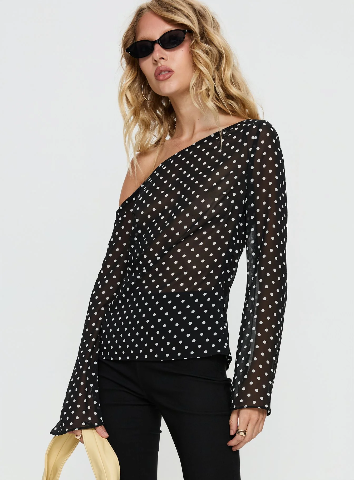 Shiona Sheer One Shoulder Long Sleeve Top Black Polka