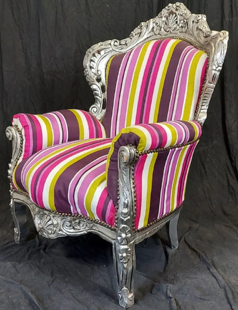 Baroque armchair with stripes multicolored / silver - handmade solid wood living room armchair - antique style living room armchair - baroque living room furniture - exhibition piece!