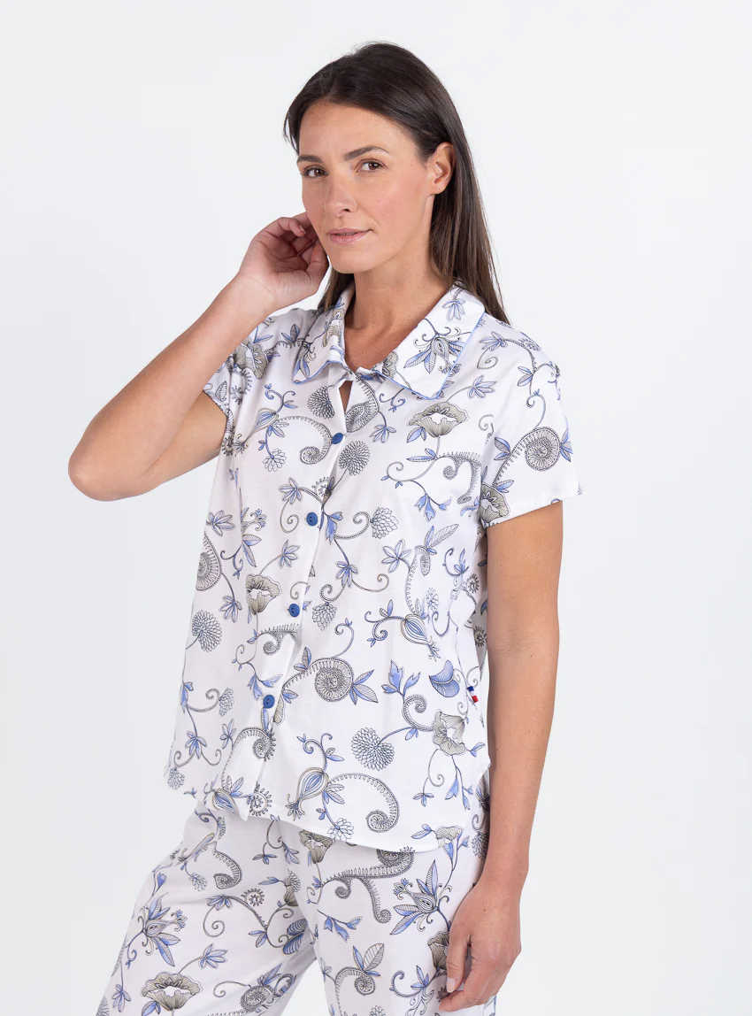 Pyjama femme en coton imprimé bleu