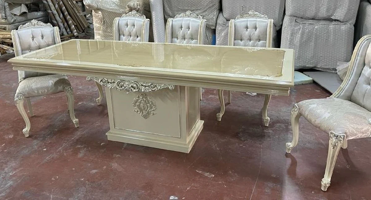 Luxury Baroque Dining Room Set Silver / Beige / White - 1 Baroque Dining Table & 6 Baroque Dining Chairs - Luxury Dining Room Furniture in Baroque Style - Magnificent Baroque Dining Room Furniture