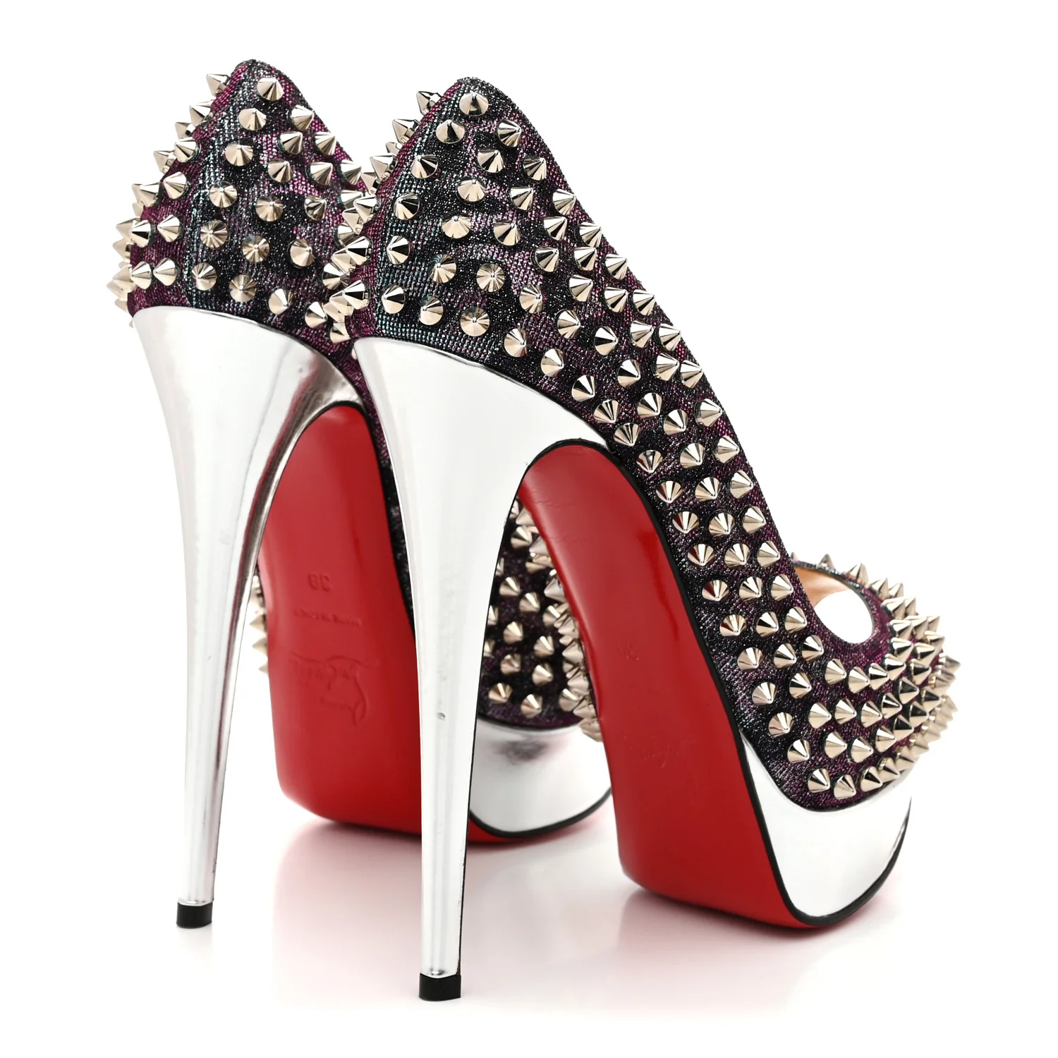 Lame Satin Lady Peep Spikes 150 Pumps 39 Turquoise Violet Silver - Top Club