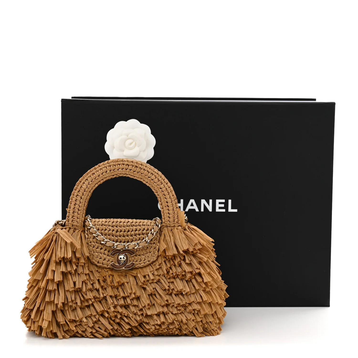 Raffia Fringe Nano Kelly Shopper Dark Beige - Top Club