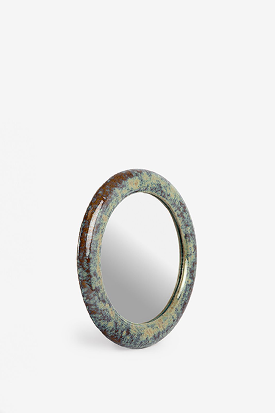 Grijsgroene ronde hangspiegel met keramische omlijsting